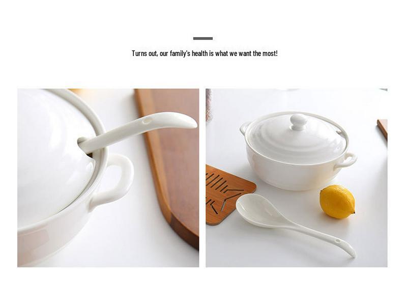 Double Ear Ceramic Soup Bowl Set with Lid - Microwave Safe, Includes Large Spoon and Tureen, Pure White, Creative Design (8 Bowls)