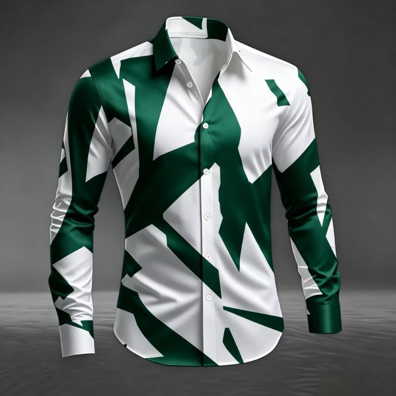Men's Artistic Geometric Abstract Print Long Sleeve Dress Shirt Smooth Breathable Fabric Slim Fit Formal Business Casual Social