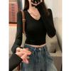 Spice Girl V-Neck Front Shoulder Long Sleeve T-Shirt Women's Spring and Autumn Slim-Fit Bottom Shirt Short Versatile Waist Top