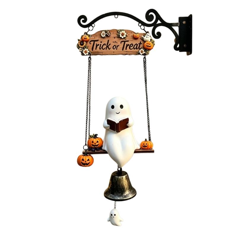Saisonales Veranda-Hänge-Türklingel-Ornament mit geisterhafter Leser-Buch-Figur, Süßes oder Saures-Schild und Metallglocken-Akzent für den Halloween-Eingang