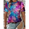 Damen T-Shirt Schmetterling und Blumenmuster Design Druck- Bequem Kurzarm Rundhals Mode 3D-Druck