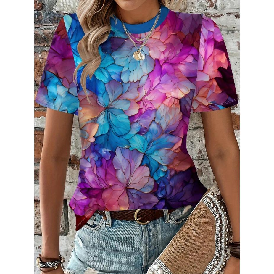 Damski T-shirt Wzór Motyla i Kwiatów Nadruk - Wygodny Krótki Rękaw Okrągły Dekolt Moda Druk 3D