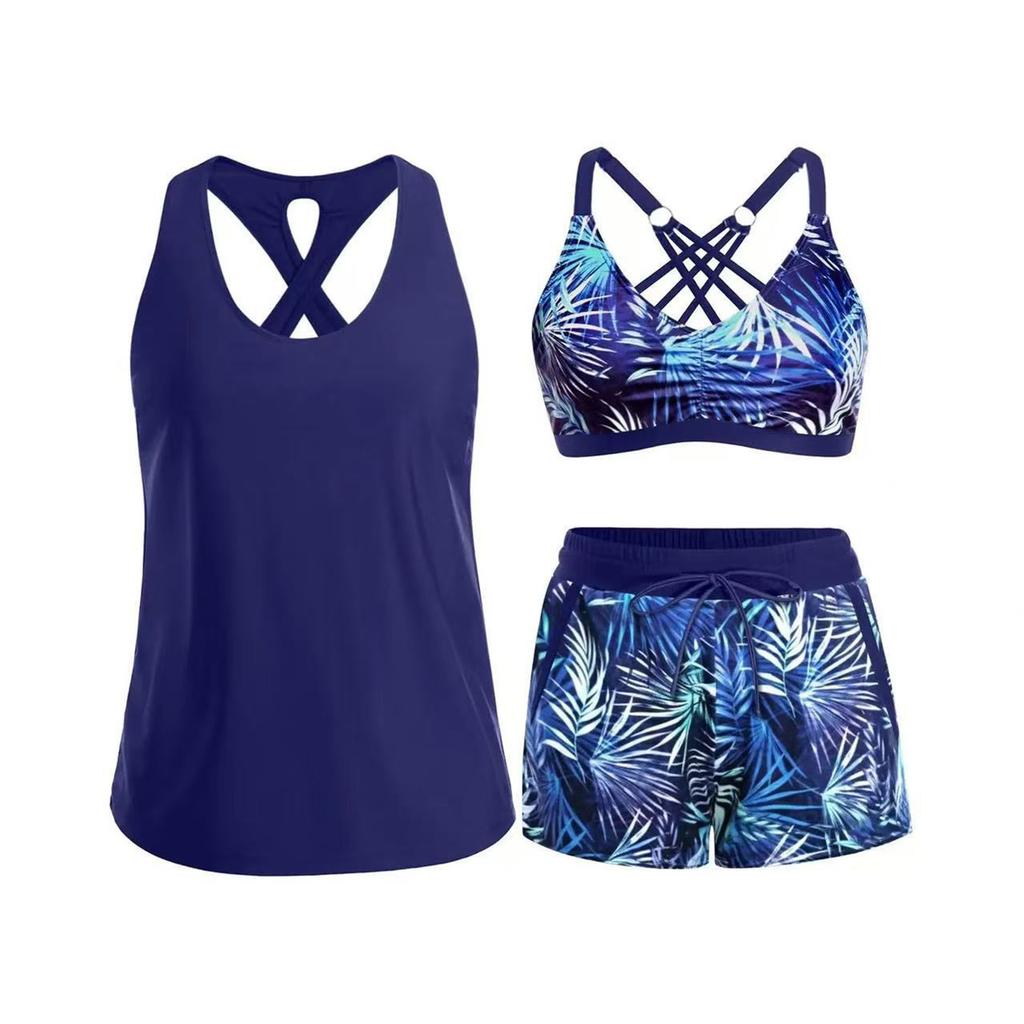 Women’s Three Piece Tankini Swimsuit Set with Crisscross Back Design High Waist Printed Shorts and Swim Top for Beach Pool