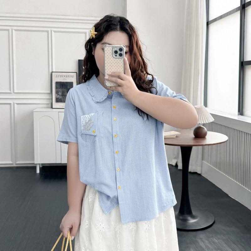 

Plus size women clothing [Blue Yang Xia] Preppy Plaid Shirts Summer Lapel Embroidery Design Sense Short sleeve Top