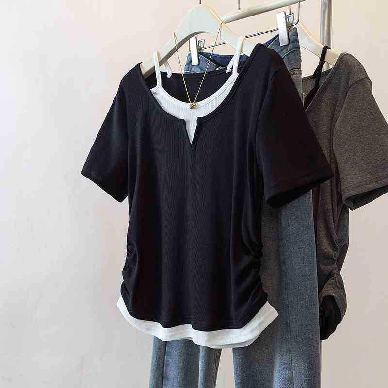 Women's Plus Size Patchwork Faux Two-Piece Short Sleeve T-Shirt - Loose, Slimming, Versatile Summer Style