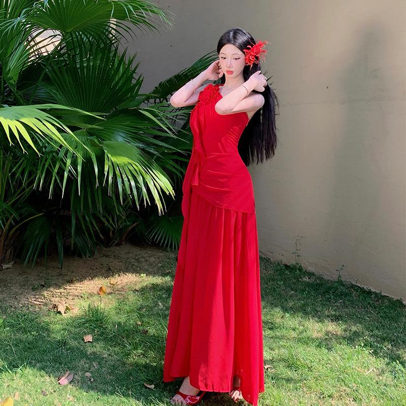 Summer Spice Girl Red White Dress Slant Shoulder Northwest Travel Seaside Vacation Long Dress Desert Travel Wear