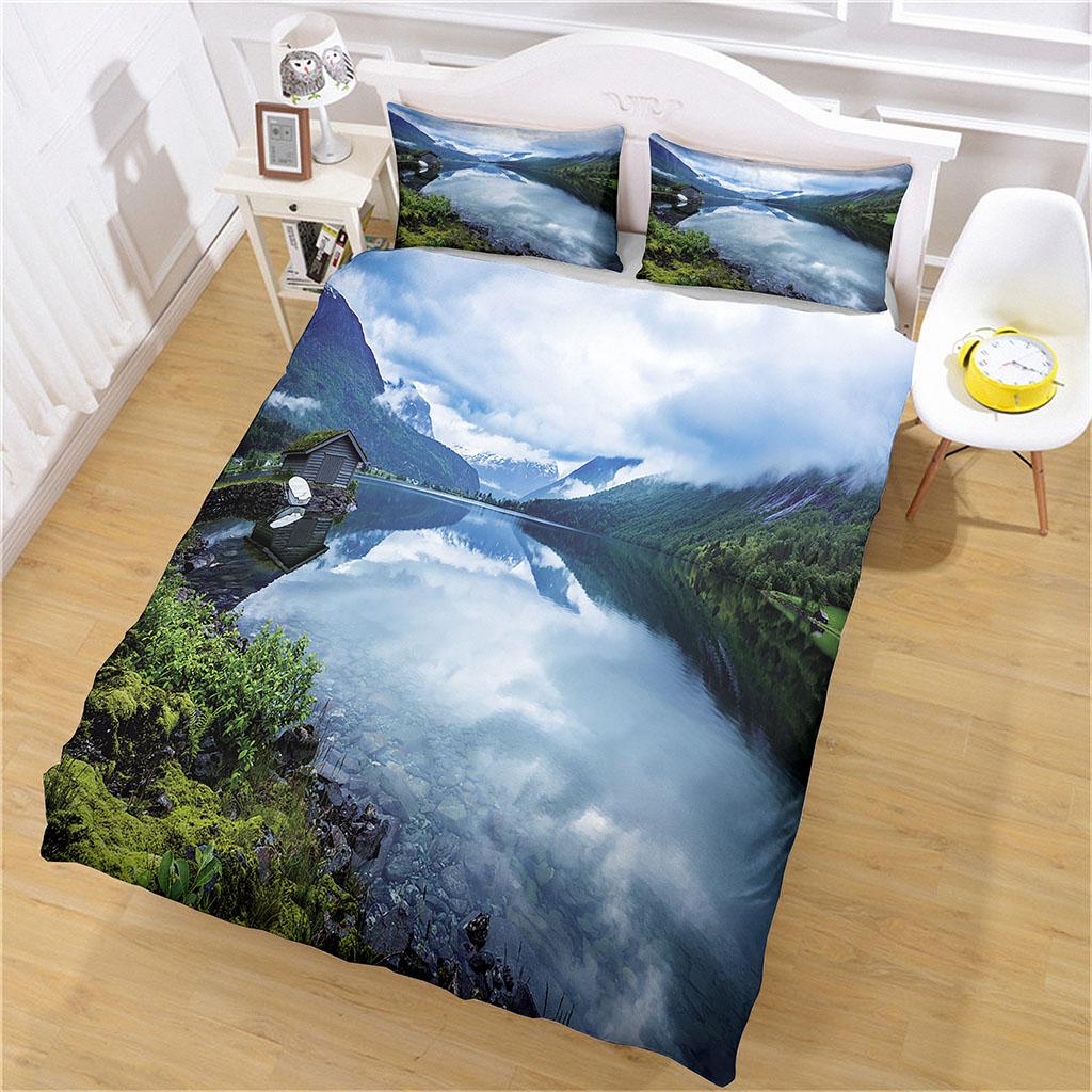 King Size Bedding Set 3D White Snowy Mountain Landscape Duvet Cover Comforter Bedclothes Children Kid Boy Bed Birthday Gift