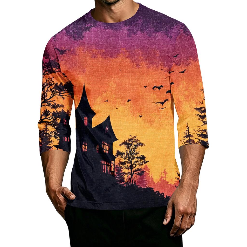 Men's Casual Halloween Pumpkin Print Crew Neck T-Shirt Three Quarter Sleeve Comfortable Fit Lightweight Fabric