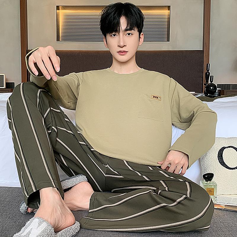 Men Pajamas Set Spring Cotton Casual Sleepwear Minimalist Style Long Leisure Homewear Fashion Boys Nightwear
