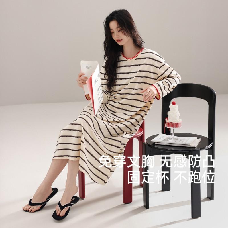 Womens Cotton Long Sleeve Nightgown With Built-in Bra Striped Sleepwear Home Dress
