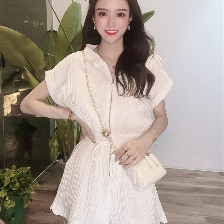 

Women s Petite French-Style Hooded Jumpsuit Shorts Set with Lace-Up Zipper Small білий
