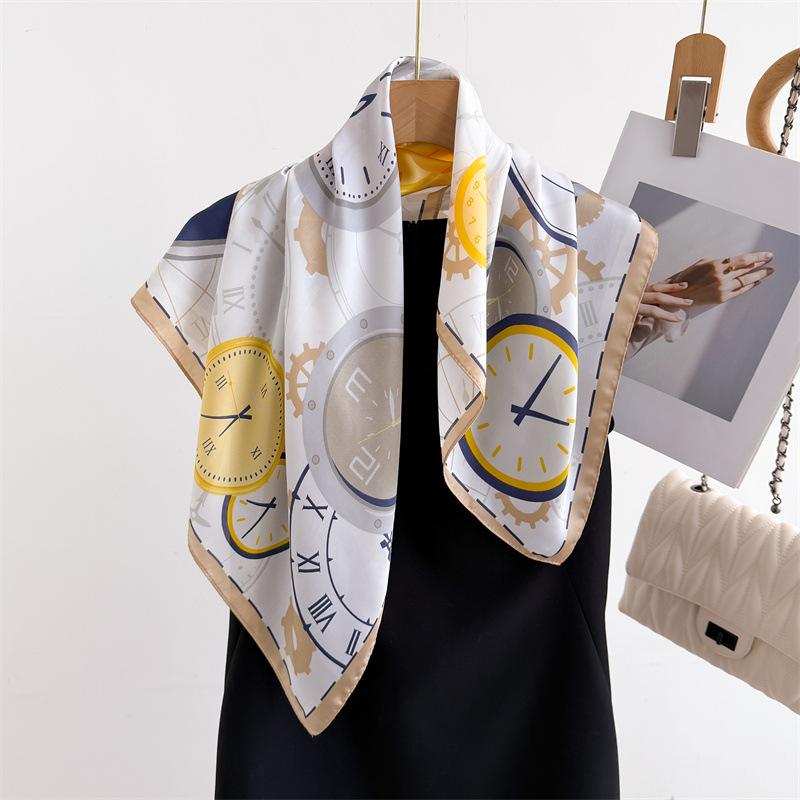 Clock Print Square Scarf Women‘s Print Scarf Luxury Imitation Silk Neckerchief Bandanas Foulard Hairbands Wraps For Travel Beach