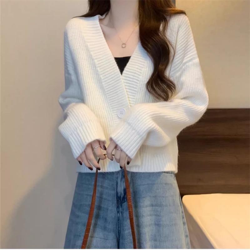 New Early Autumn Short Knitted Cardigan Loose Inner Top Long Sleeve V-Neck Sweater Jacket Women's