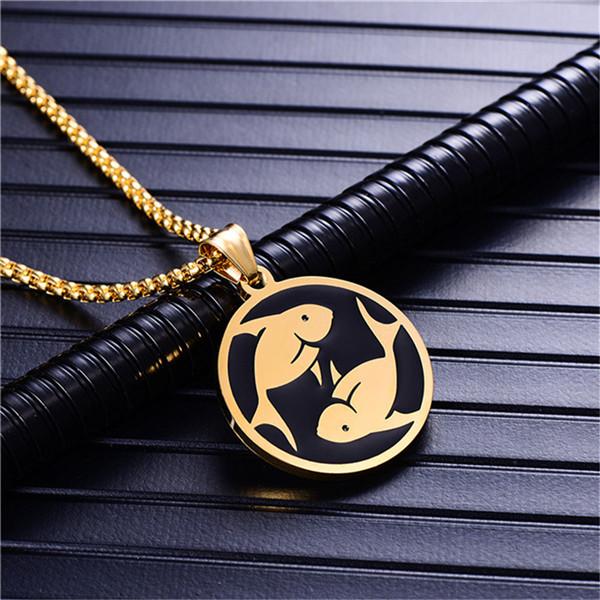 

Punk Zodiac Constellation Pendant Gold Color Stainless Steel Round Necklaces for Men Women Fashion Party Jewelry Birthday Gift 60cm