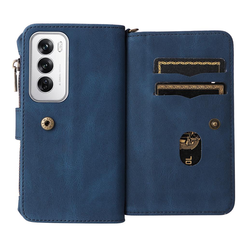 For Oppo Reno12 5G (Global) Zipper Wallet Case with 15 Card Slots and Strap Leather Phone Cover