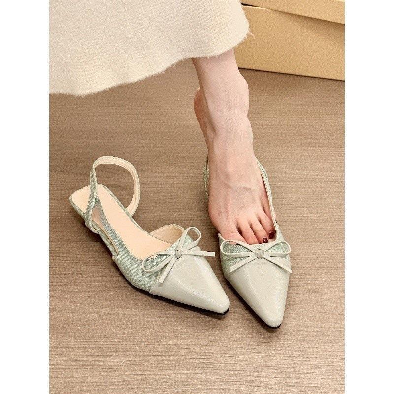 Spring mint! Temperament pointed head splicing bow flat-soled single shoes women's spring bag head empty sandals