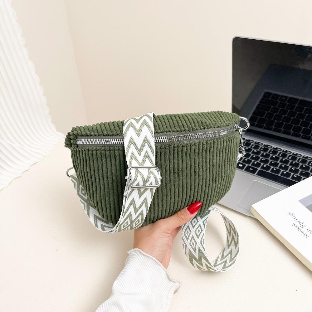 

Fashion Corduroy Waist Bag Multi-pockets Zipper Crossbody Bags Wide Guitar Strap Shoulder Bags Outdoor зелений