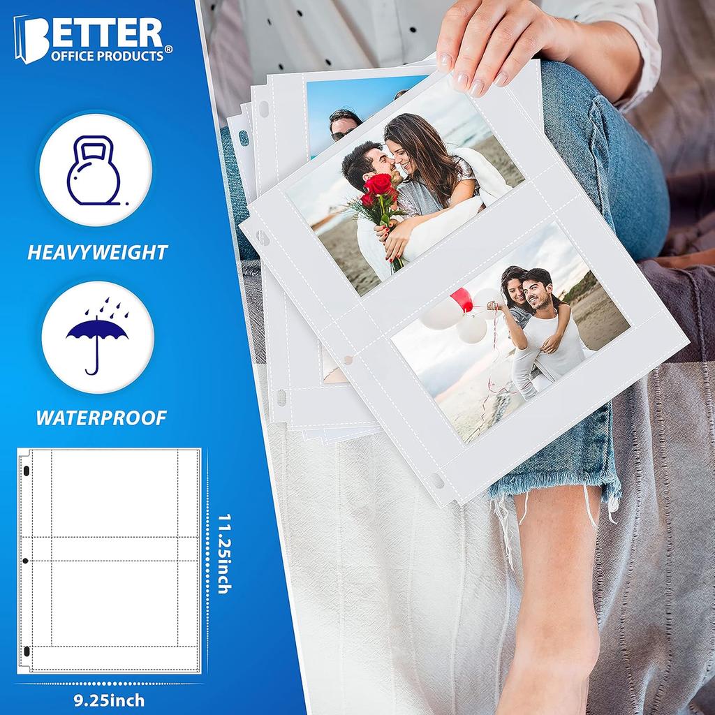 Better Office Products Heavyweight 4 x 6 Inch Diamond Clear 3 Ring Binder Page Refills - 100 Total Photos, Each 2-Pocket Sheet Holds Up to 4 Photos