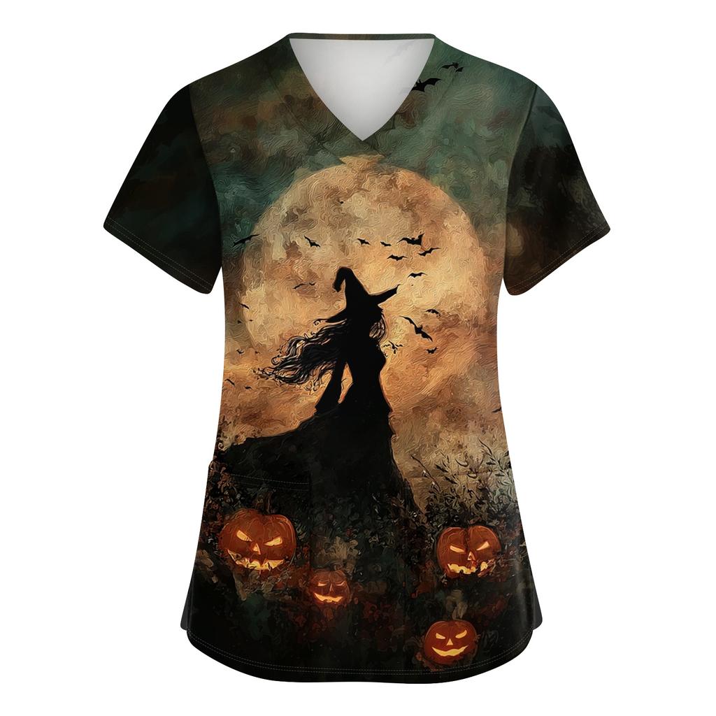 Women V Neck Short Sleeve Work Top with Side Slits and Pockets Halloween Pumpkin Print Shirt Suitable for Professional Use and Casual Wear