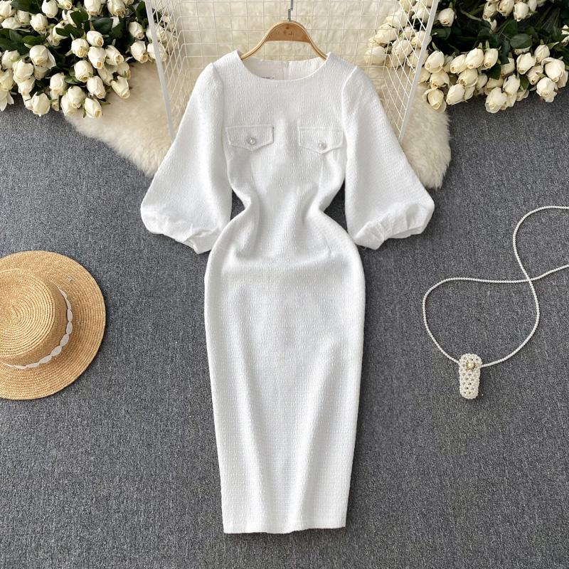 

Весенне-осеннее женское элегантное белое твидовое платье-карандаш с пышными рукавами, модные винтажные длинные офисные платья миди