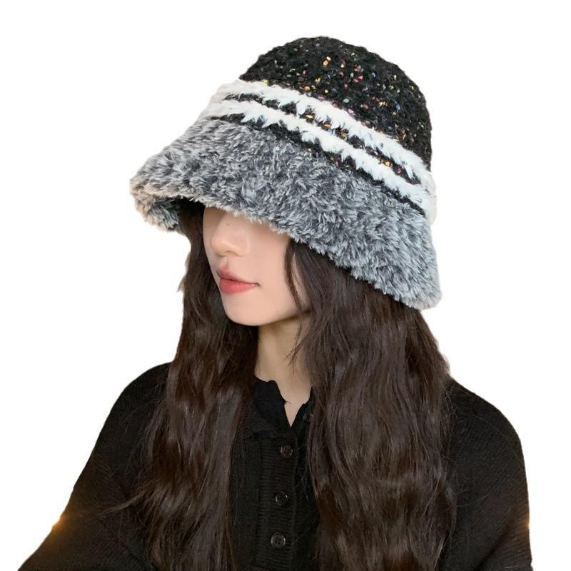 Plush Thickened Hat Women's Color Knitted Bucket Hat Winter Face Small Striped Basin Hat Tide