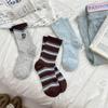 Ladies Spring and Autumn Retro Color Striped Cloth Logo Kitten Embroidery Medium Tube Pile Socks