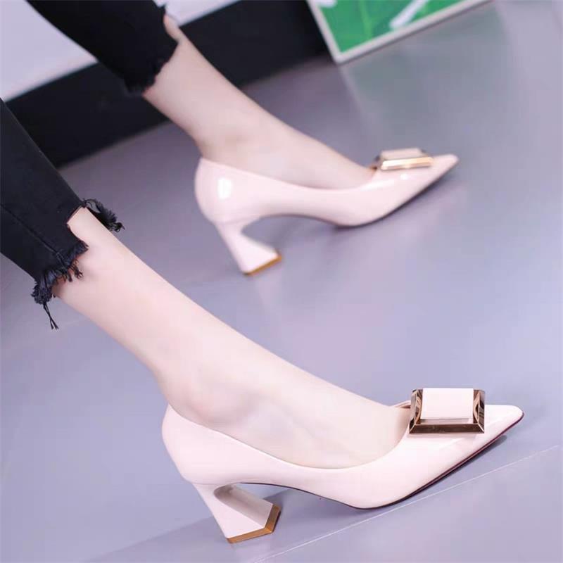 2025 New Thick Heel Pointed Head Light Mouth Patent Leather Single Shoes Commuter Red High Heels Wedding Shoes Work Shoes Square Buckle Women's Shoes