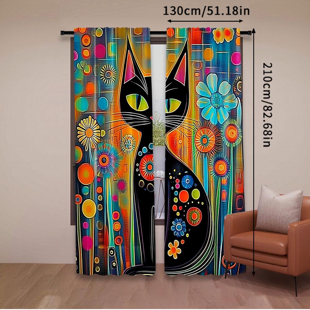 Set Of 2 Rustic Black Cat Curtain Vintage Watercolor Design Suitable Living Room Bedroom Many Other Occasions Polyester Perfect For Area