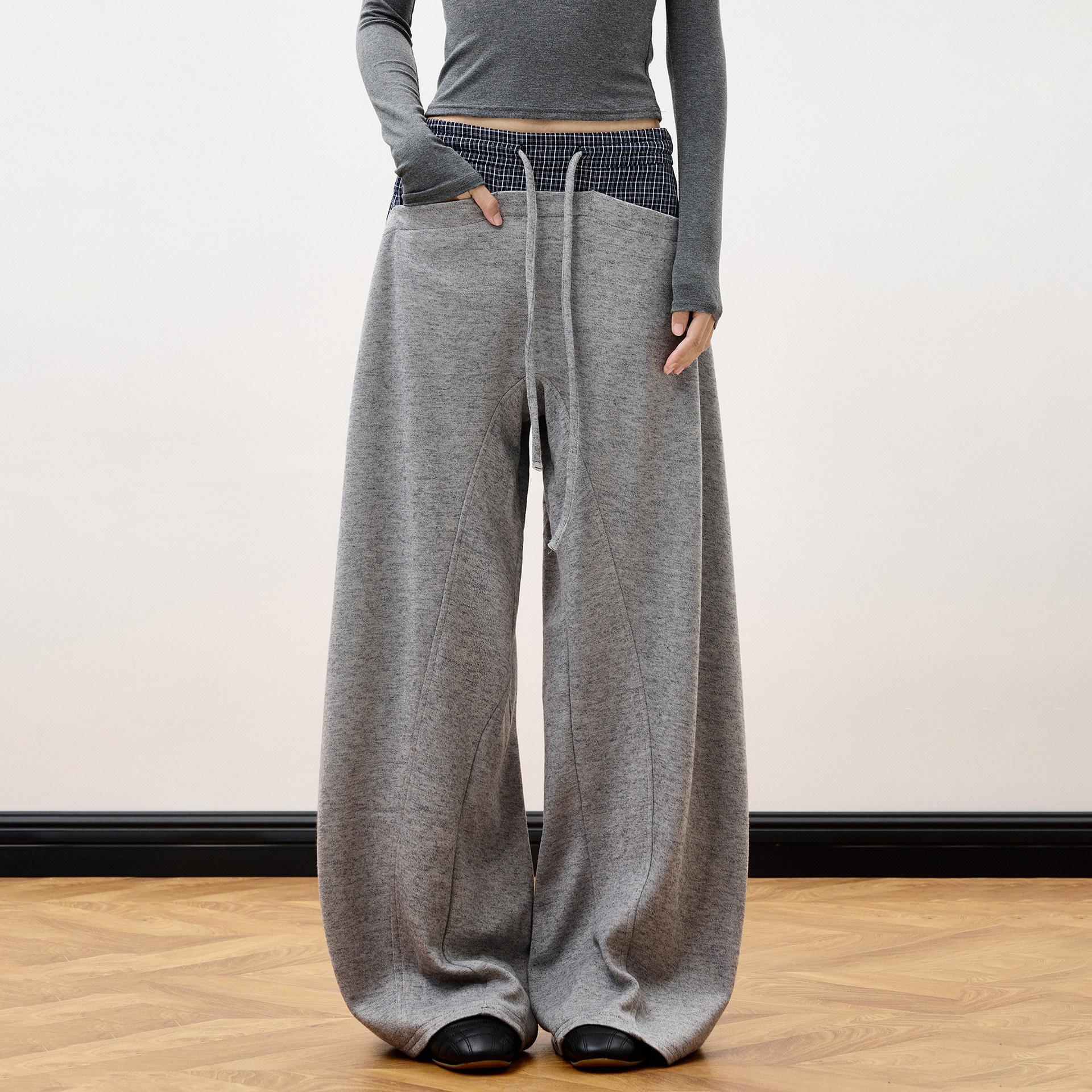 American Retro Plaid Patchwork Wide-Leg Sweatpants with Drawstring XXL серый