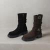 Krazing Pot Fashion Cow Suede Nubuck Winter Round Toe Modern Boots Med Heels Slip on Pleated Style Metal Buckle Mid-calf Boots