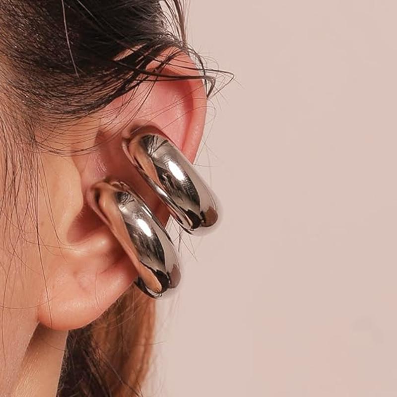 Oversize Chunky Round Circle Clip On Earrings for Women Gold Plated Stainless Steel Ear Cuff Hollow Tube Thick Earclips Jewelry