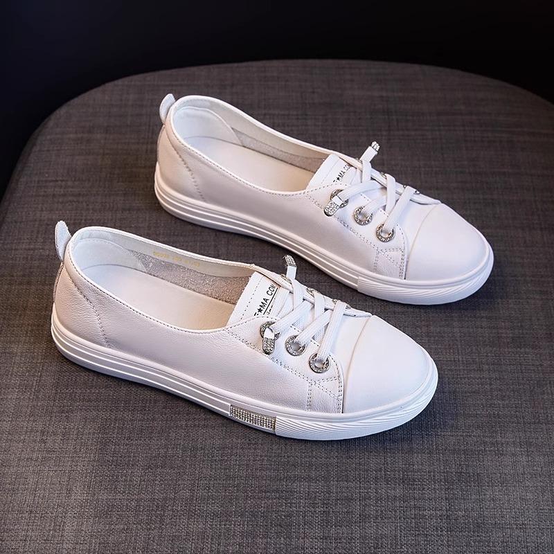 All Cowhide Shallow Mouth White Shoes Women's New Summer Versatile Leather Casual One-pedal Flat-soled Single Shoes