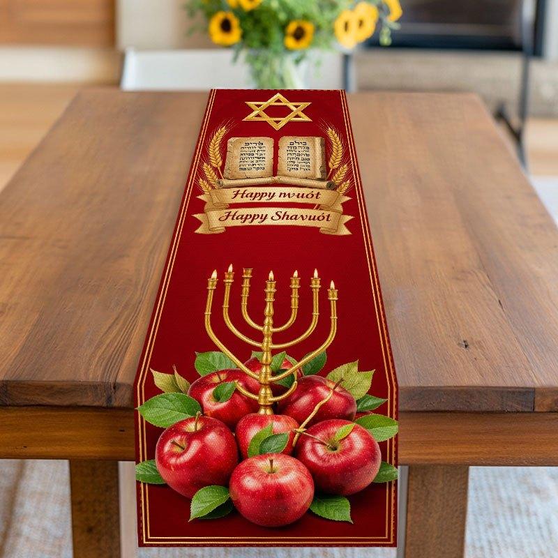 Fijne Sjawoet Linnen Tafelkleed Joodse Feestdecoratie Rood Gouden Religieus Symbool Patroon Tafelkleed Sjawoet Decoratie 150x33cm