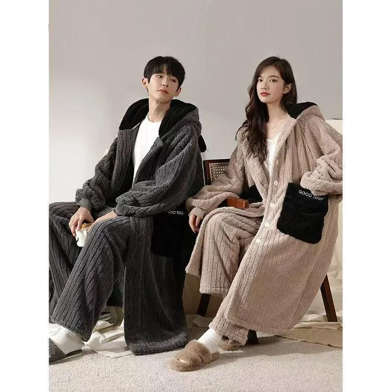 Extra-long Nightgown Pajamas Women's Autumn and Winter One-piece Hooded Coral Fleece Plus Velvet Thick Loose Plus Size Sweater Home Service