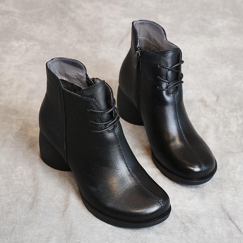 Fashion GKTINOO Spring Autumn Women Boots Genuine Leather Thick Heels Ankle Boots For Women Shoes Retro Handmade Zipper Short Boots