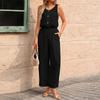 Ärmelloser Jumpsuit mit weitem Bein für Damen Lockerer Schnitt Knopfleiste Kordelzug in der Taille Lässiger langer Strampler für Sommer Frühling