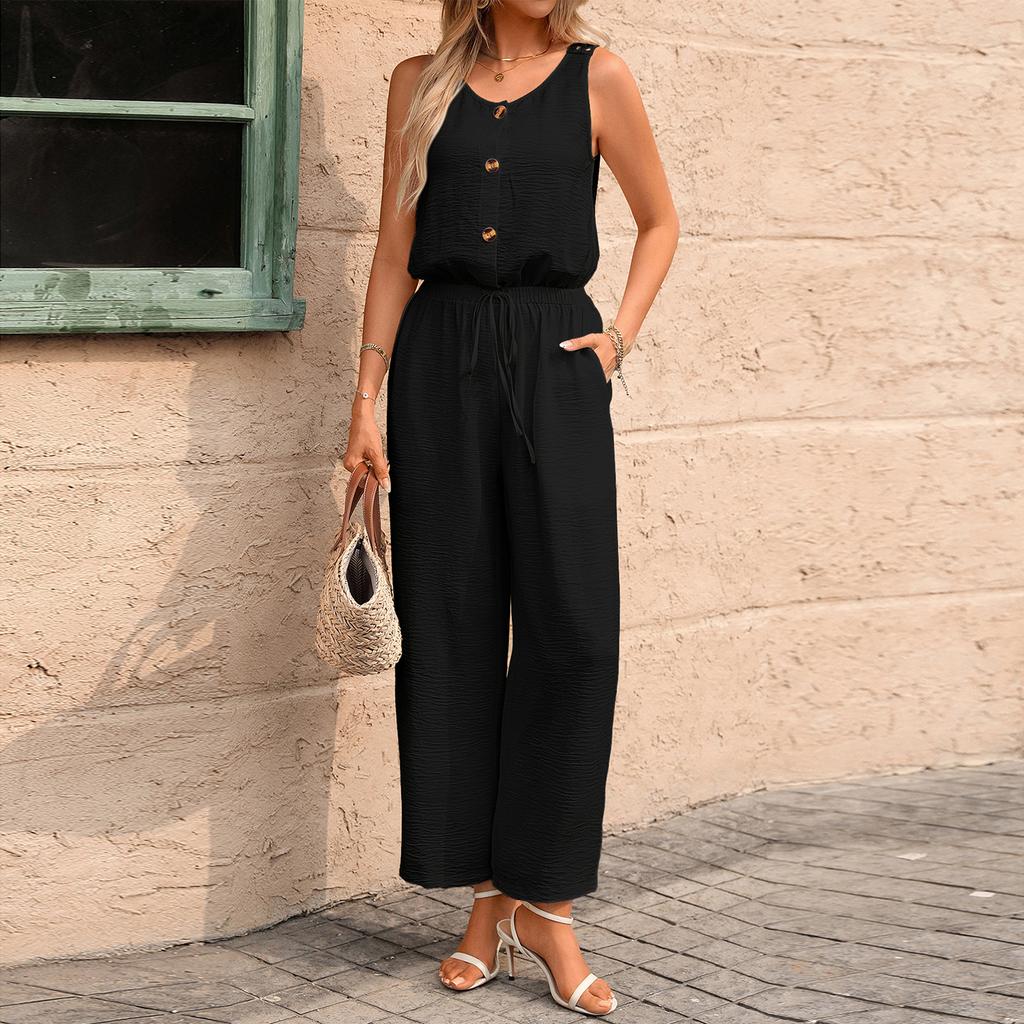 Ärmelloser Jumpsuit mit weitem Bein für Damen Lockerer Schnitt Knopfleiste Kordelzug in der Taille Lässiger langer Strampler für Sommer Frühling