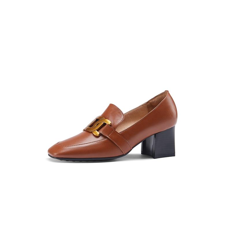 Fashion Women's New Spring and Autumn Metal Fasteners Square Head Genuine Leather Cowhide High Heel Large Size Single Shoes
