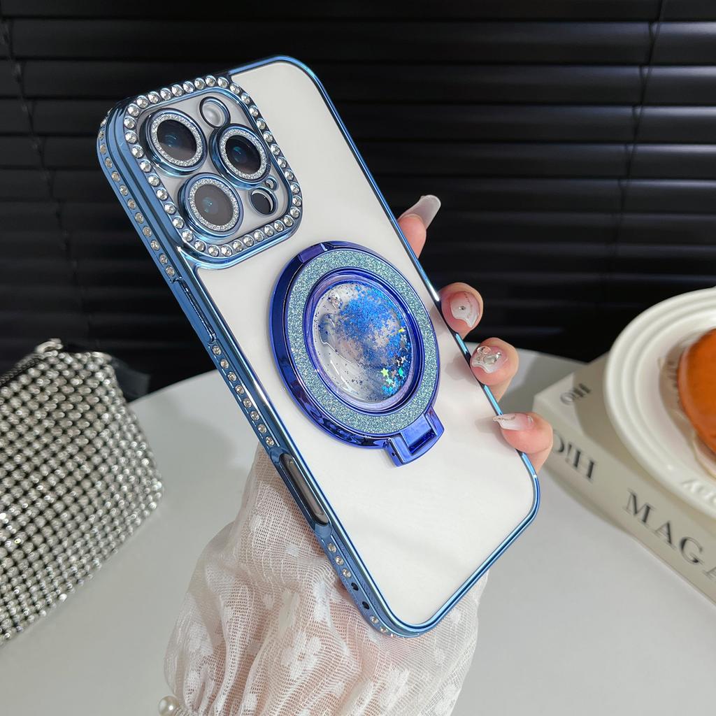 Pouzdro na telefon s třpytivým diamantovým chráničem objektivu fotoaparátu s pokovením Quicksand a stojánkem pro iPhone 17 16 Pro Max Samsung S25 S24 Průhledný ochranný kryt