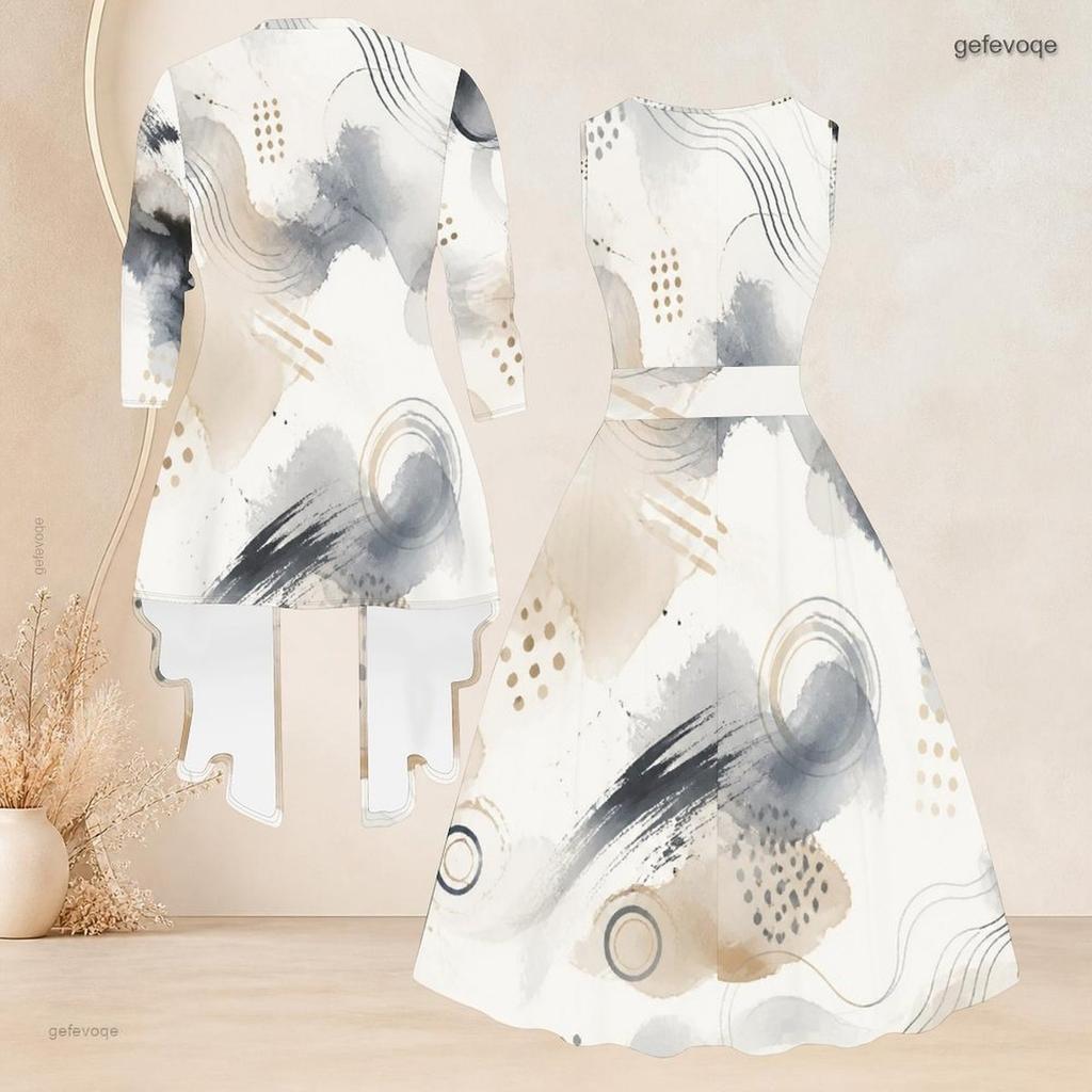 Women Plus Size Two Piece Set Abstract Printed 3 4 Sleeve Open Cardigan Sleeveless Round Neck Tie Waist Flared Dress