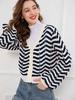 Women's Retro Striped V-Neck Button Knit Cardigan – Long Sleeve, Hollow Design for Autumn/Winter