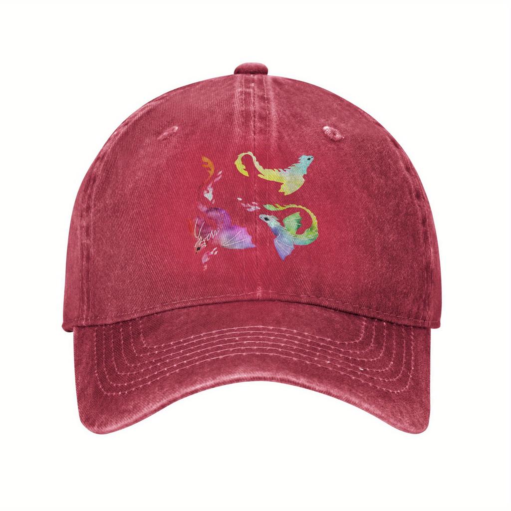 Watercolor Dragon Print Baseball Cap Distressed Denim Casual Adjustable Golf Hat Adult