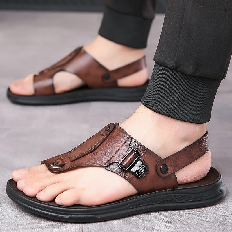 TUINANLE Neue Herren Rutschfeste Ledersandalen Offene Zehen Weiche Sommer Strand Pantoffeln für Herren Outdoor Lässige Bequeme Sandalen