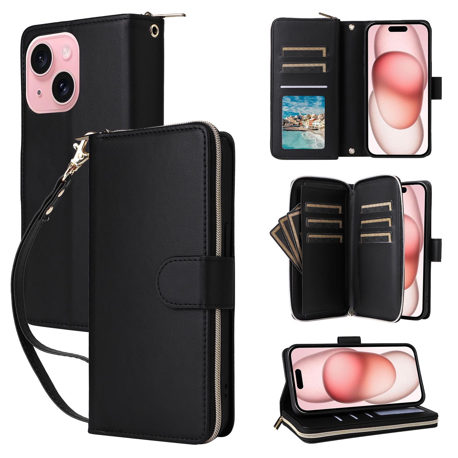 

R20 For iPhone 15 Case Zipper Pocket PU Leather Cover with 9 Card Slots Black