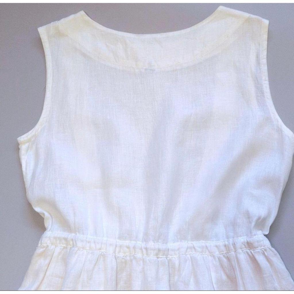Used PAR ICI 100% Linen Tucked Sleeveless Dress Gathered White