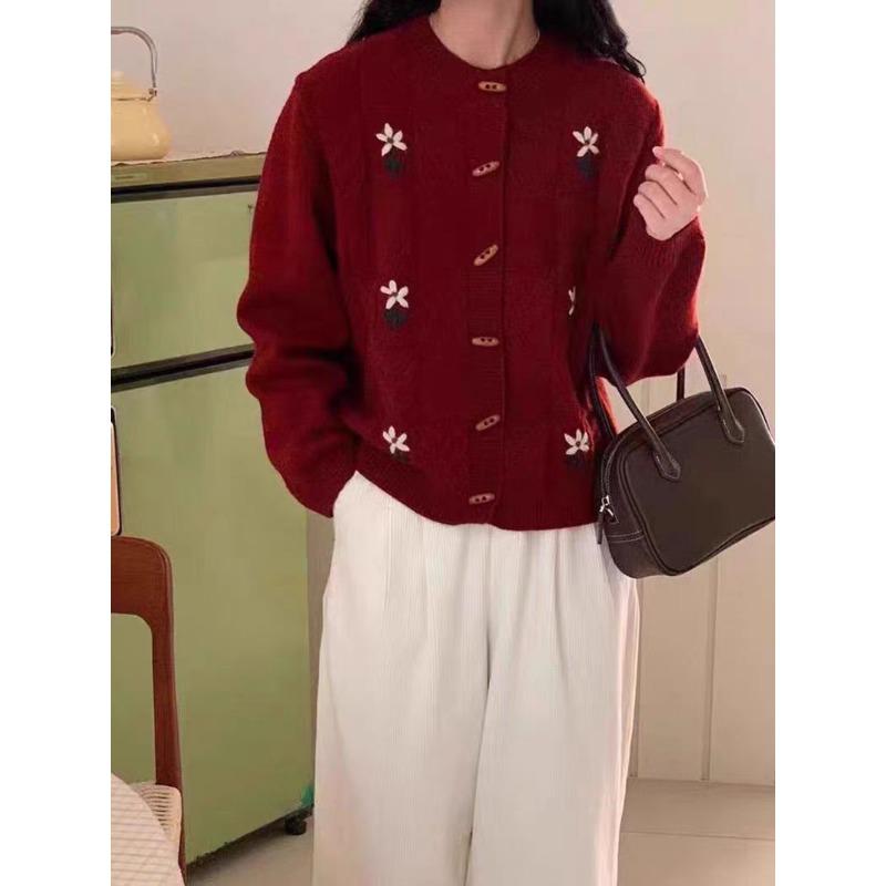 Spring and Autumn New Fashion Crew Neck Corner Button Sweater Jacket Women's Loose Soft Waxy Long Sleeve Knitted Cardigan Top