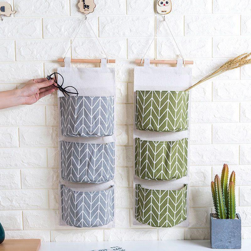 Elegant Space-saving Hanging Storage Bag With Durable Cotton Linen And 3 Pockets For Sundries