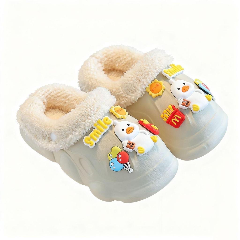 Kids' Waterproof Non-Slip Cotton Slippers, Plush Lined for Warmth, Removable Fur Lining, Perfect for Autumn/Winter Home Use.