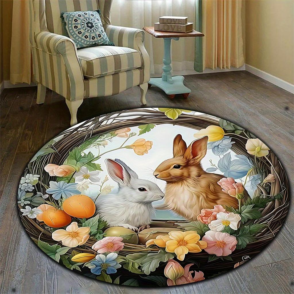 Happy Easter Rabbit Egg Patterned Area Carpet Round Non-Slip Easy To Clean Rug Living Room Bedroom Laundry Outdoor Floor Mat