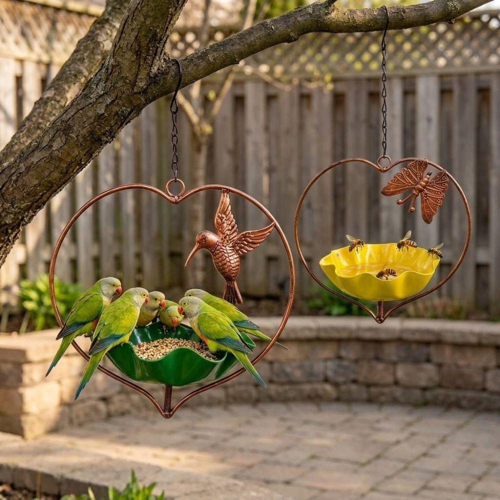 Wide-Mouth Heart Shape Bird Feeder Iron Art Retro Bird Bath Flower Bird Water Feeder Courtyard